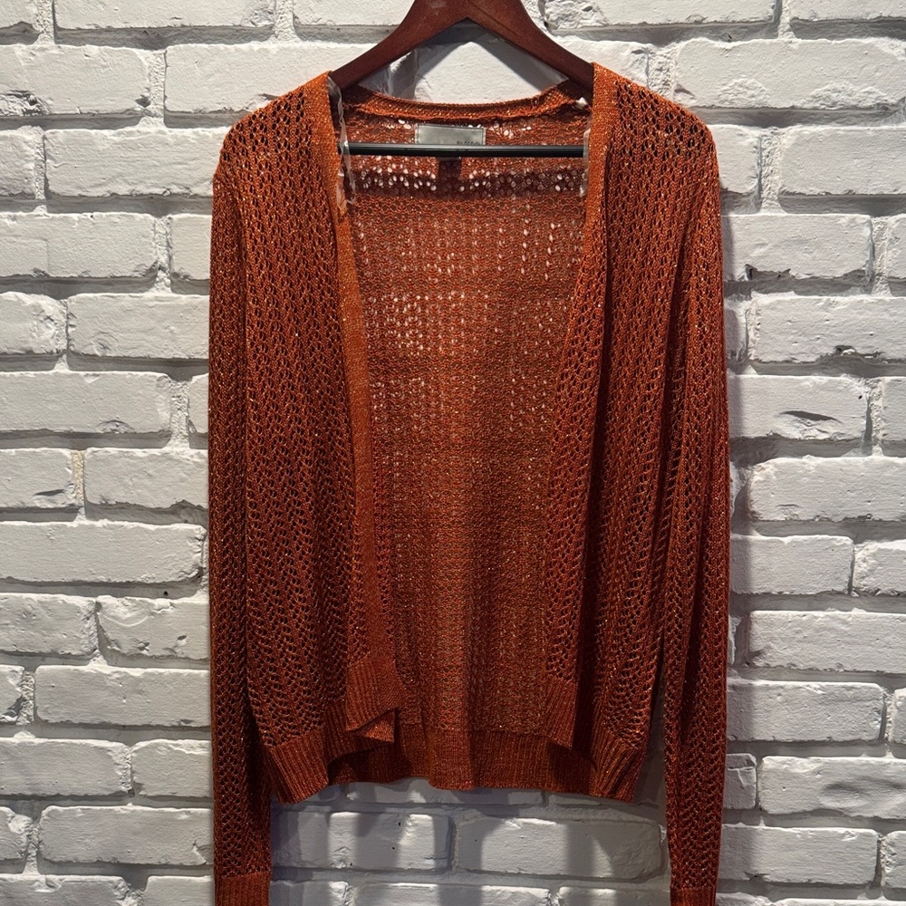 By Design Open Front Knit Cardigan in Burnt Orange with Gold Thread